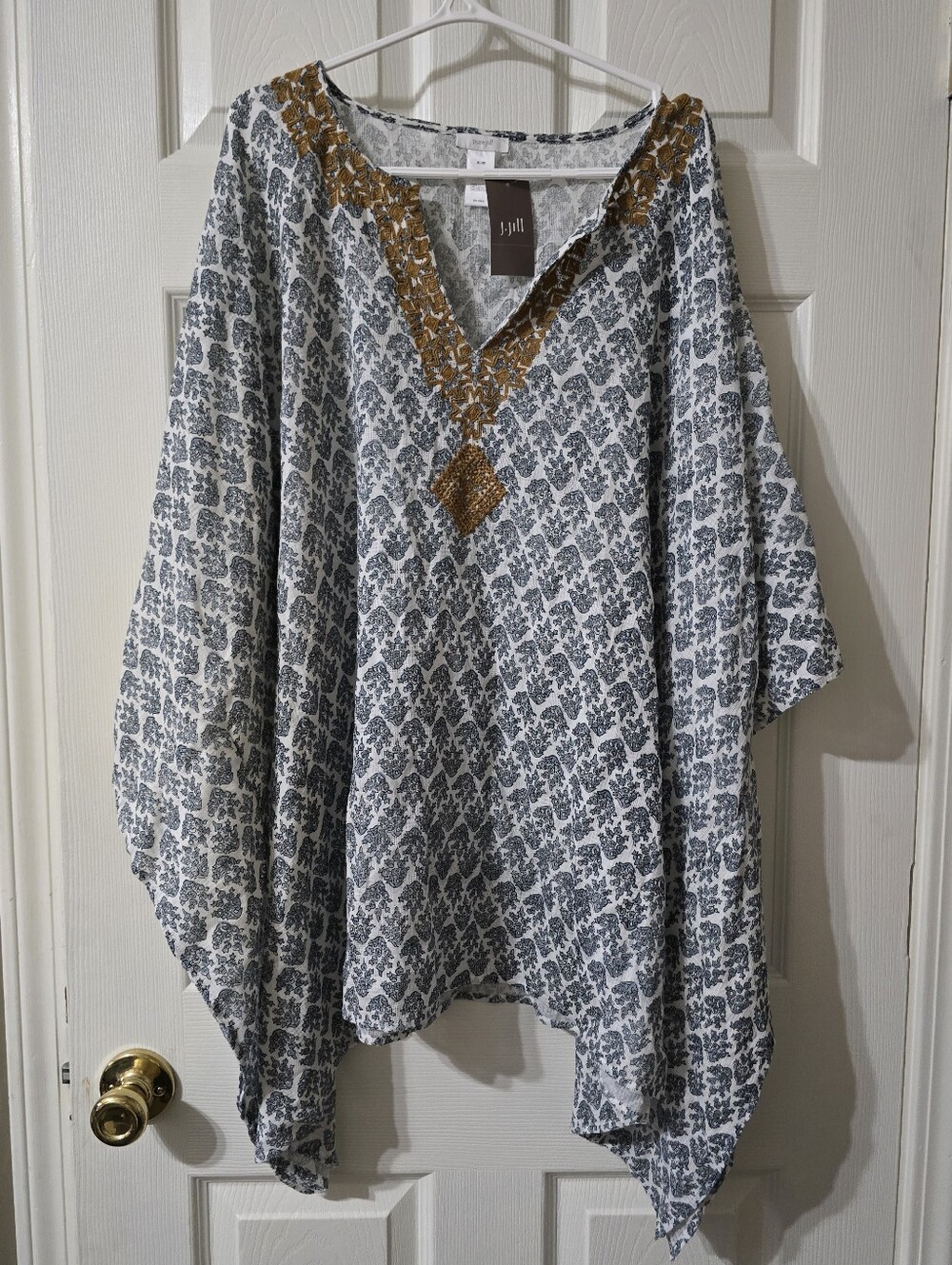 NWT J. Jill Oversized Embroidered Geometric Print 100% Cotton Poncho/Cover Up.